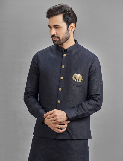 Navy blue linen waistcoat set with embroidered elephant detail