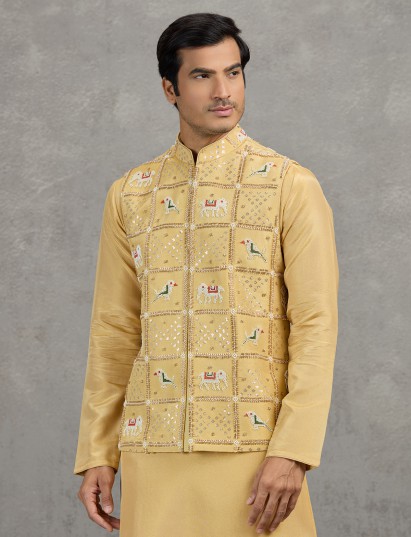 Traditional yellow embroidered art silk waistcoat set