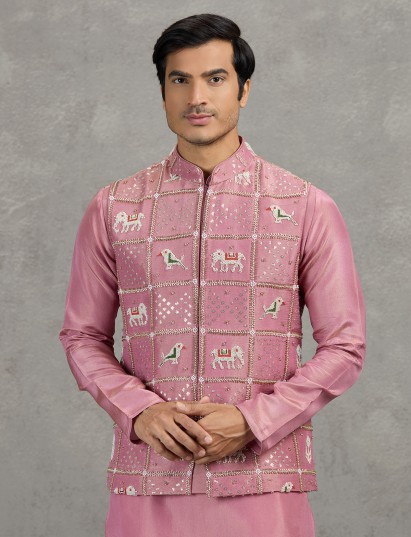 Onion pink embroidered woven silk waistcoat set