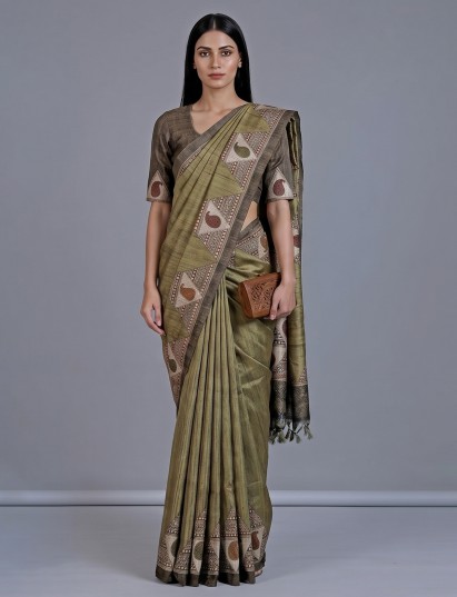 Mehendi olive cotton silk saree with sequin prints