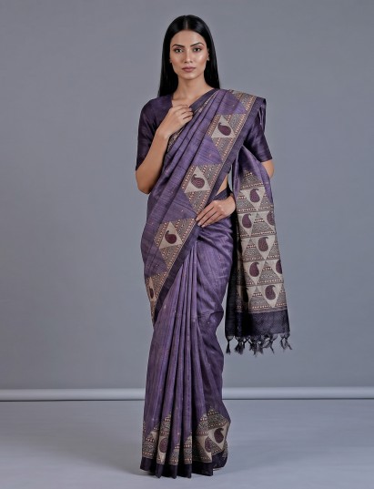 Purple cotton silk saree with thread sequin print