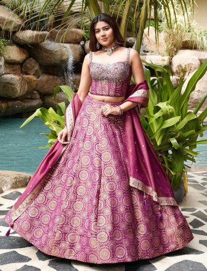 Purple bandhej silk lehenga choli with mirror artistry