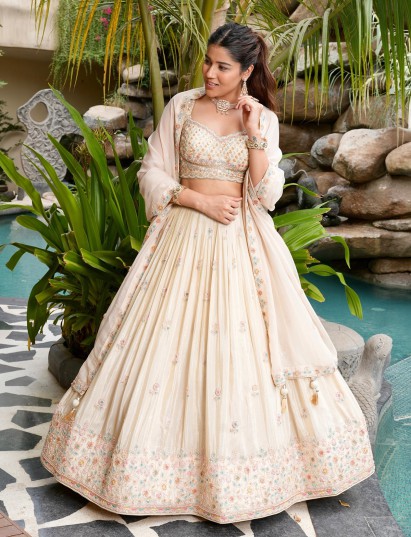 Cream satin silk lehenga choli with thread embellishments