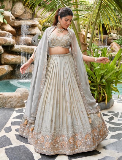 Light grey satin silk lehenga choli with embroidery elegance