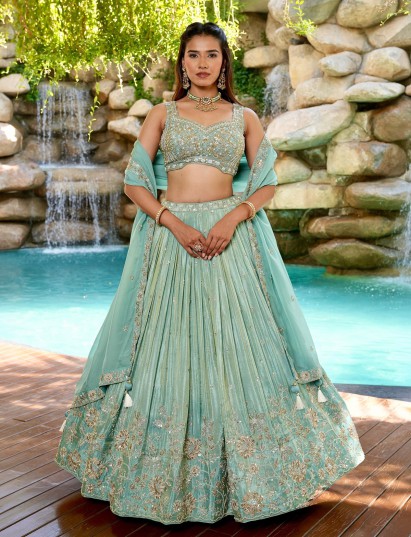 Mint green satin silk lehenga choli with zardosi work