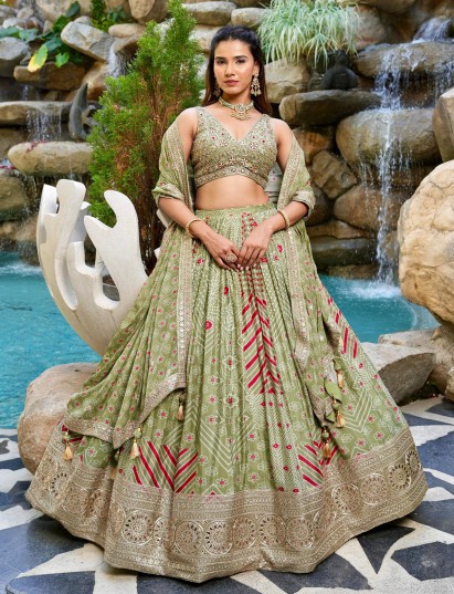 Mehendi green bandhej silk lehenga choli with gota accents