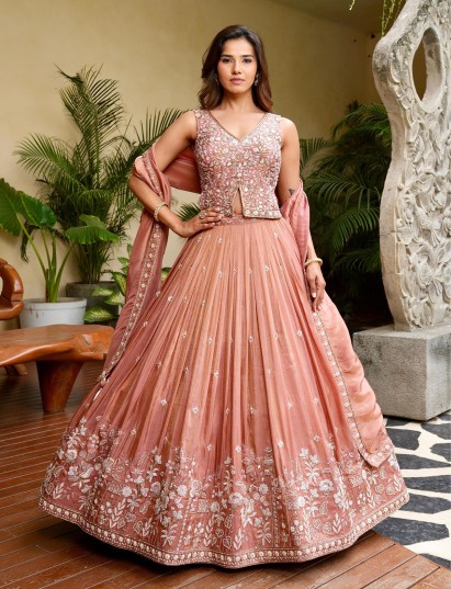 Onion pink satin silk lehenga choli with zardosi elegance