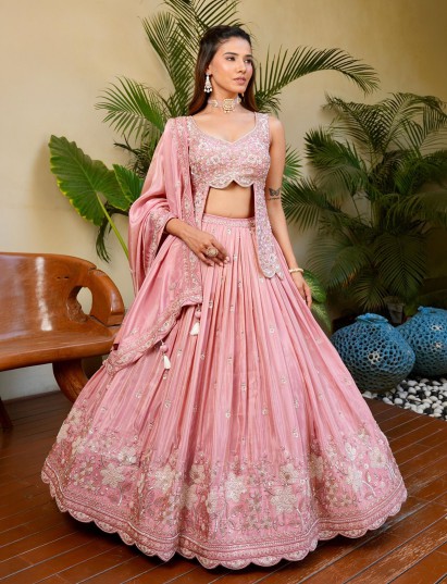 Light pink satin silk lehenga choli with diamond accents
