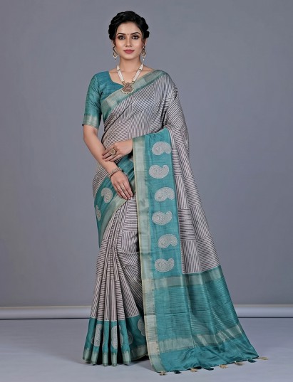 Off white cotton silk saree with zari border