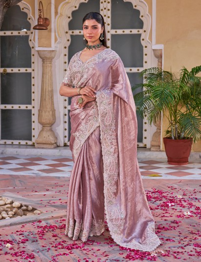 Mauve shimmer tissue silk saree with intricate sequin jaal