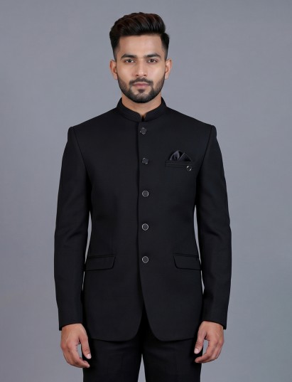 Black terry rayon Jodhpuri blazer for elegant reception wear