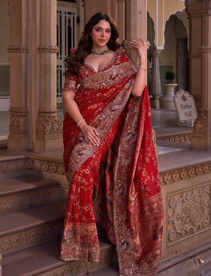 Scarlet red silk georgette saree with bandhani zari detailing