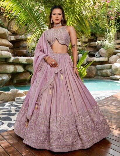 Lilac purple satin silk lehenga choli with zardosi shimmer