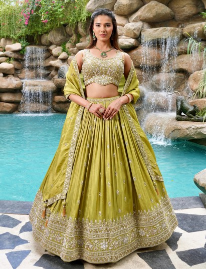 Mehendi green satin silk lehenga choli with zardosi elegance