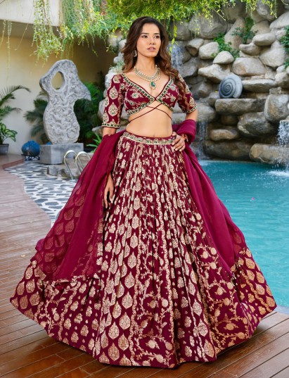 Wine georgette silk lehenga choli with pearl embellishments