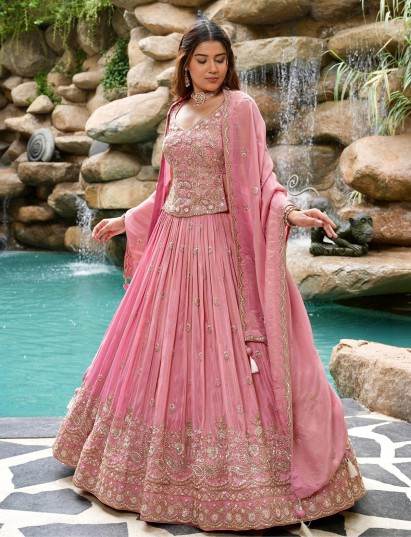Pastel pink satin silk lehenga choli with zardosi work