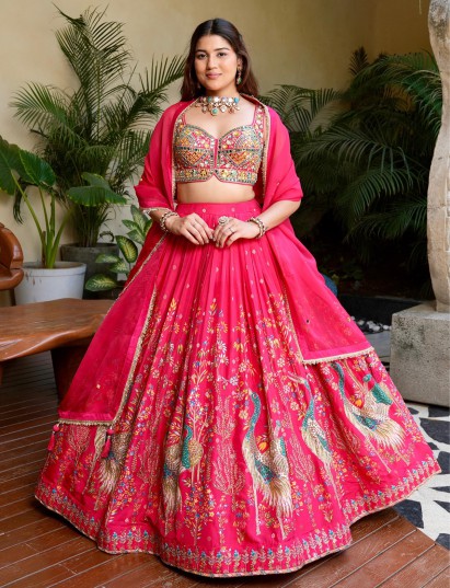 Magenta silk lehenga choli with bird motif detailing