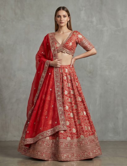 Red silk lehenga choli with zardosi embellishments