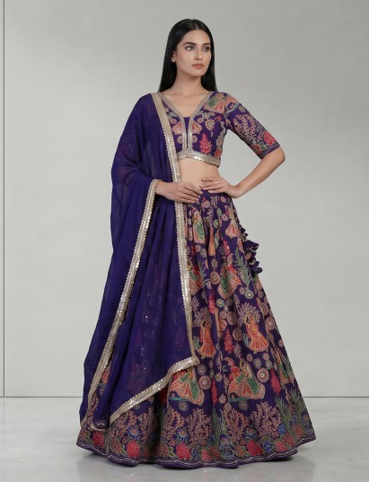 Purple crepe silk lehenga choli with resham work