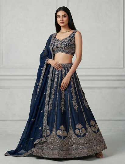 Peacock blue raw silk lehenga choli design