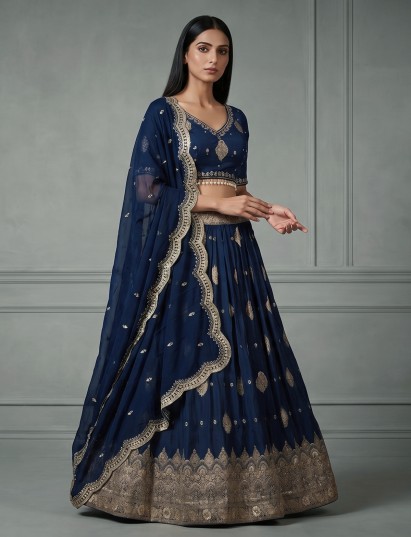 Navy blue silk lehenga choli with pearl work
