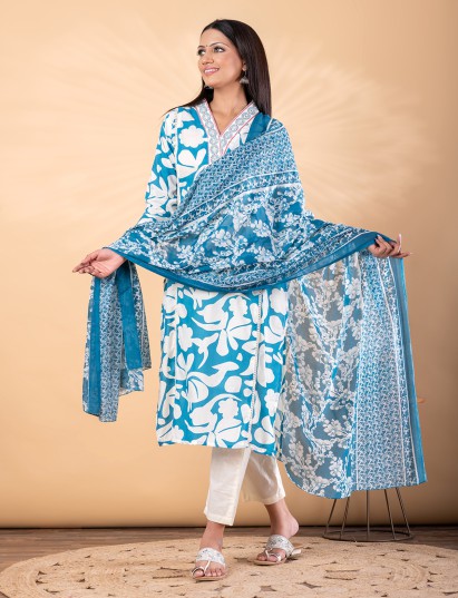 Blue cotton kurti set with printed dupatta for everyday elegance