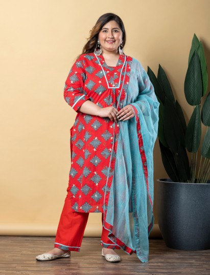 Red cotton printed kurti set for casual wear with stylish comfort