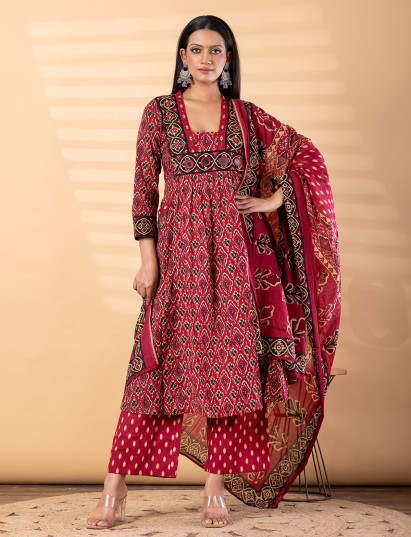 Maroon printed cotton kurti set with dupatta for ethnic style