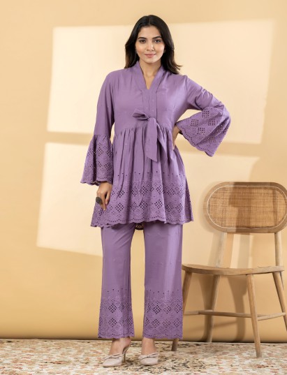 Lavender cotton kurti set with cutwork detailing for elegant look