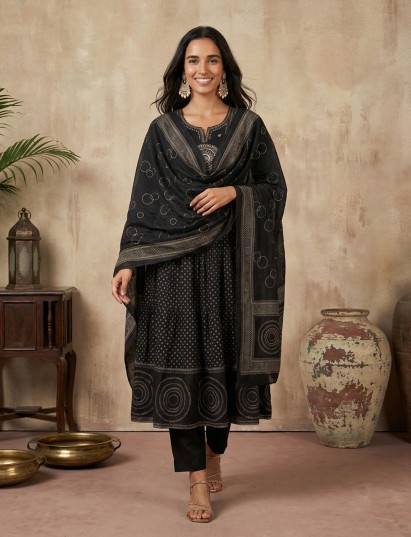 Black printed cotton silk kurti set for festive and party wear