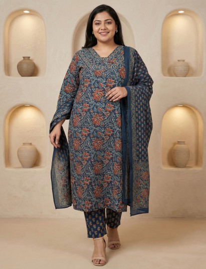 Navy printed cotton kurti set with dupatta for daily casual style