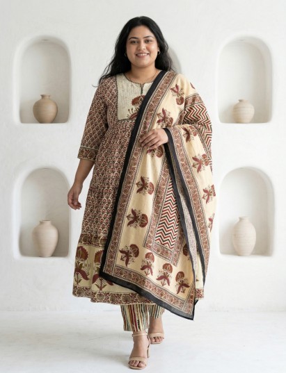Cream cotton printed kurti set for festive and traditional wear