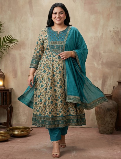 Beige cotton printed kurti set with bold patterns for modern look