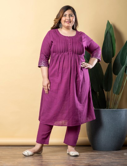 Purple cotton kurti set with aabla work for festive occasions