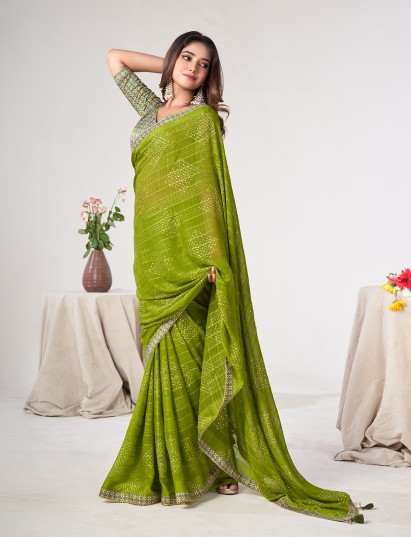Parrot green georgette saree with gota detailing for festive styling