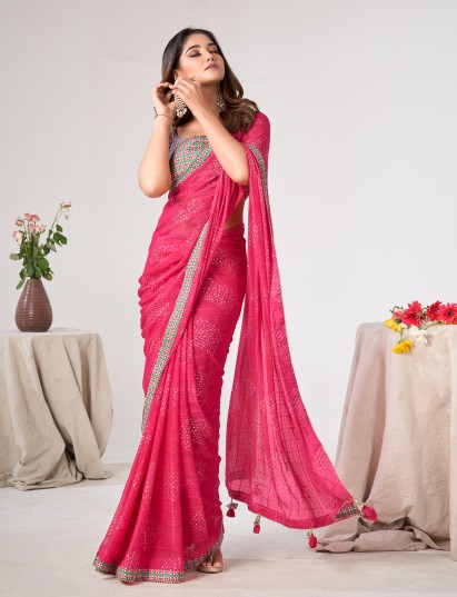 Rani pink georgette saree with gota border work for casual wear