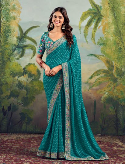 Rama green raw silk bandhej saree for traditional festive look