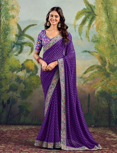 Purple raw silk bandhej saree with sequin work for festive occasions