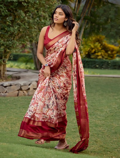 Onion pink silk saree with rich zari border for elegant festive look