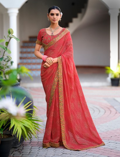 Dark peach georgette saree with embroidery sequin accents