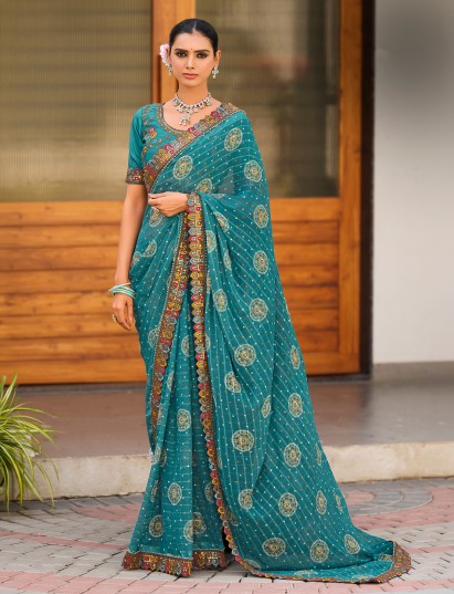 Stone blue georgette saree with embroidery sequin detailing
