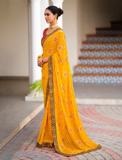 Mustard yellow georgette saree with embroidery sequin work