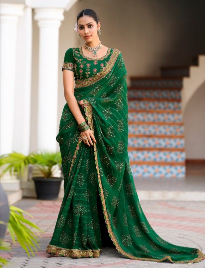 Green georgette saree with embroidery and sequin detailing