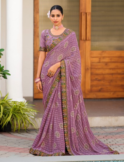 Lavender purple georgette saree with pearl sequin work