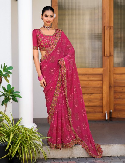 Rani pink georgette saree with embroidery sequin work