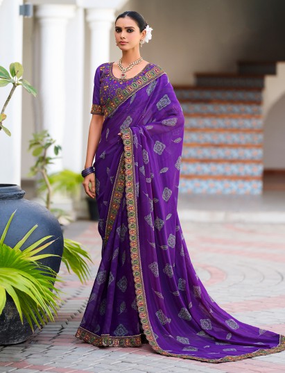 Purple georgette saree with embroidery pearls and sequins