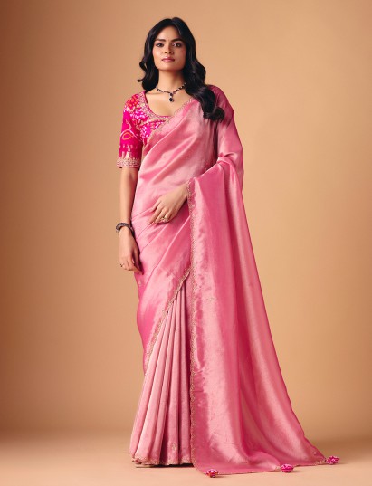 Pink tissue silk festive wear saree with zardosi and sequin detailing