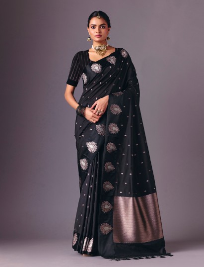 Black semi silk party wear saree with zari weaving for elegant occasions