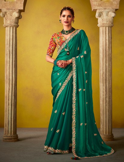 Green tissue silk party wear saree with resham work for festive elegance