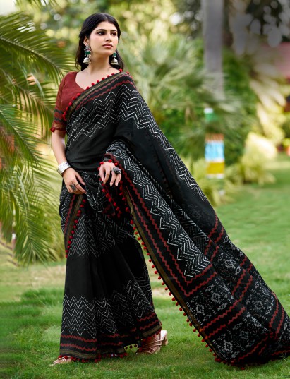 Black malmal cotton saree with stylish pum pum border design